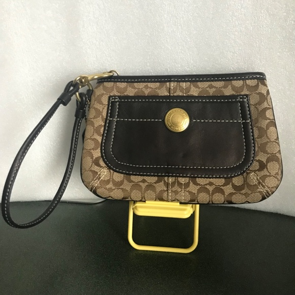 Coach Brown Canvas Leather Sig C Corner Zip Wristlet Mini Pouch - Picture 3 of 16